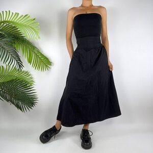 Vintage 90s Black Classy High Waisted Dark Coquette Flowy Ruffled Midi Skirt / 2